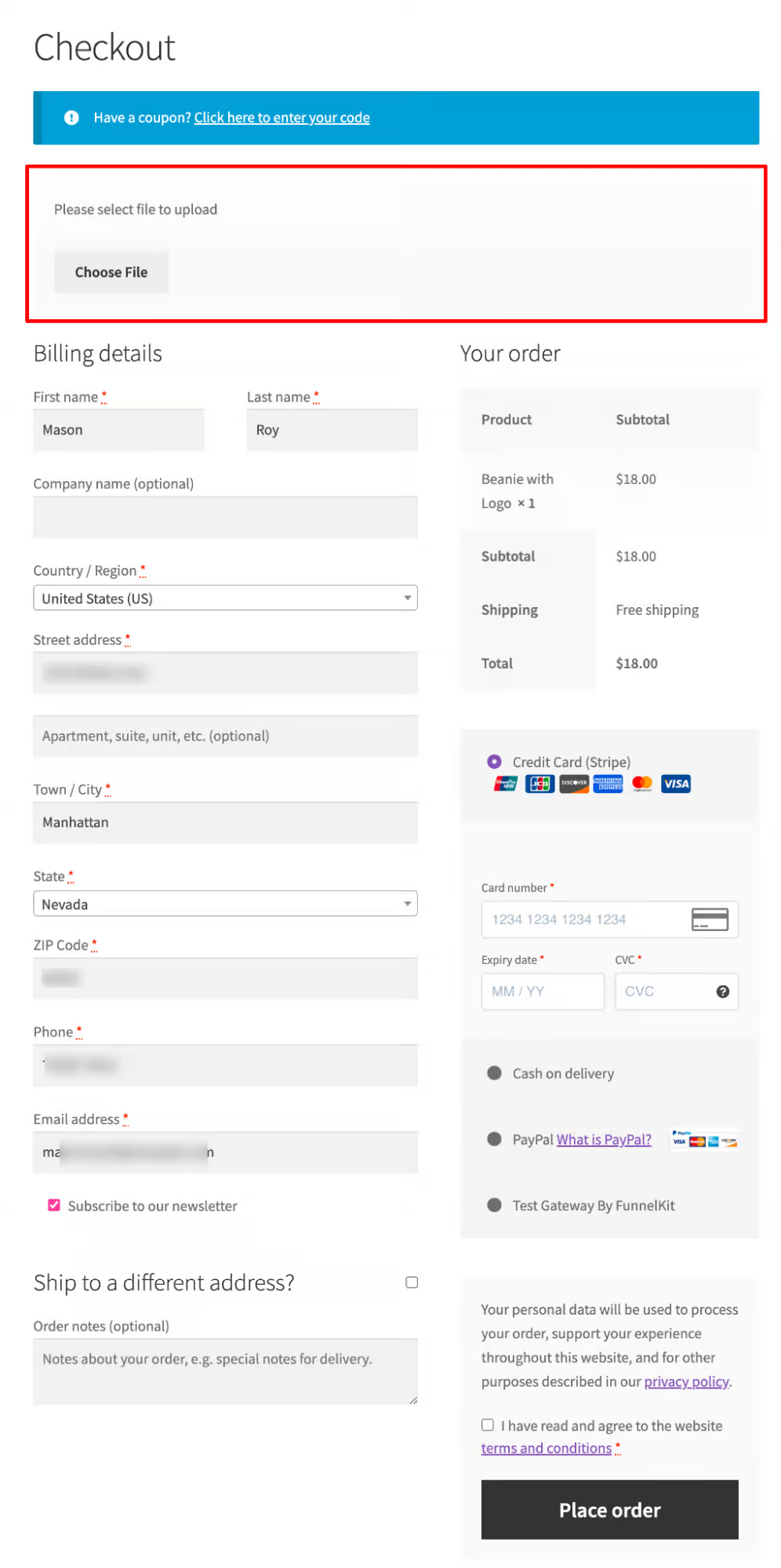 preview woocommerce add file upload to checkout using default checkout page