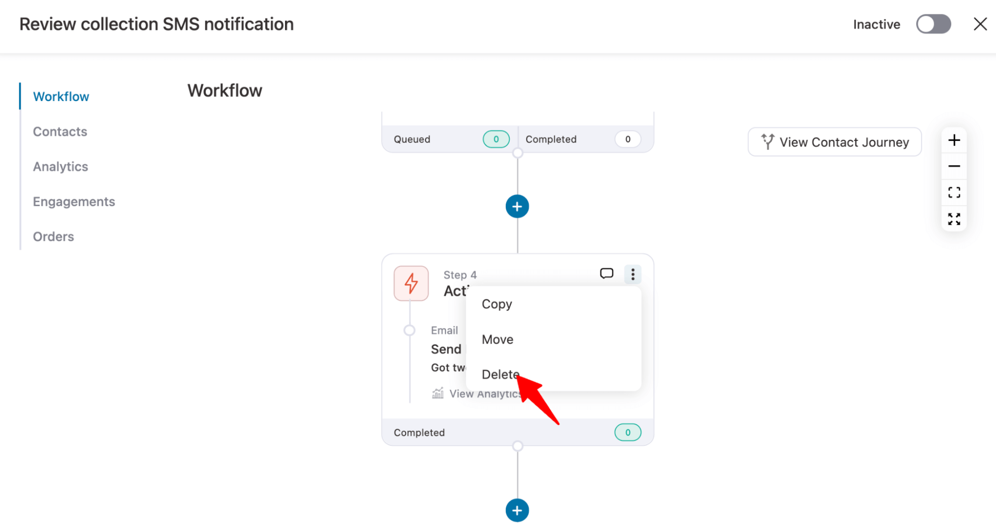 delete send email action to replace it with a send sms action