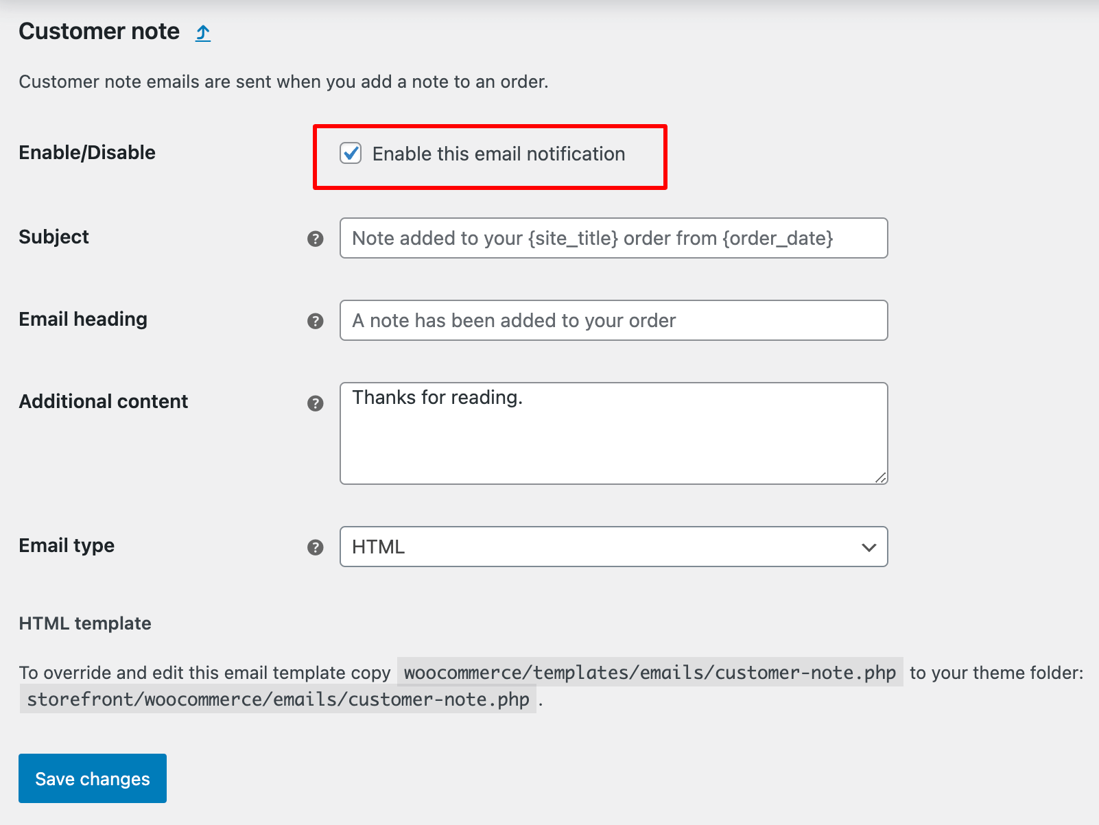 enable customer note email from WooCommerce email settings