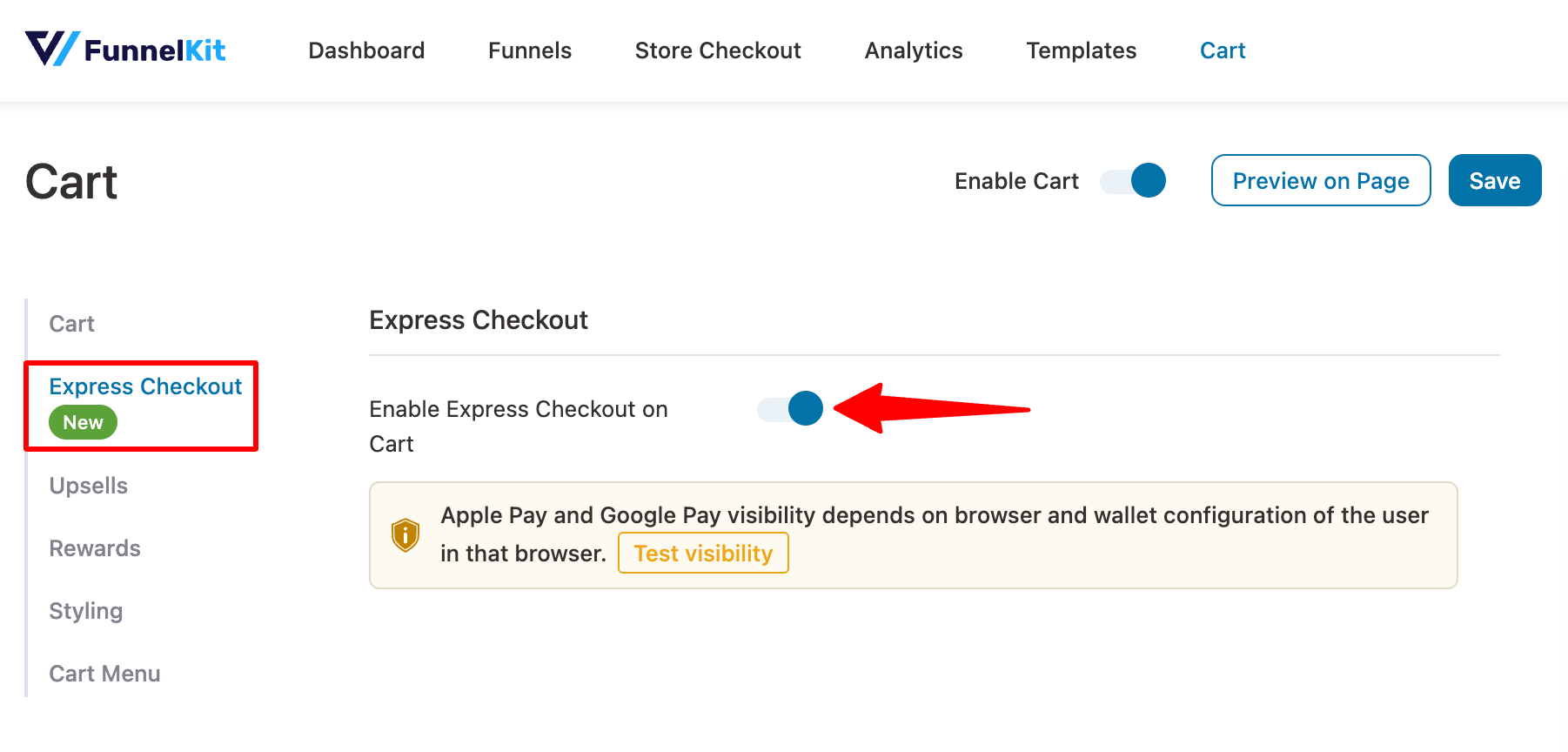 enable express checkout on cart