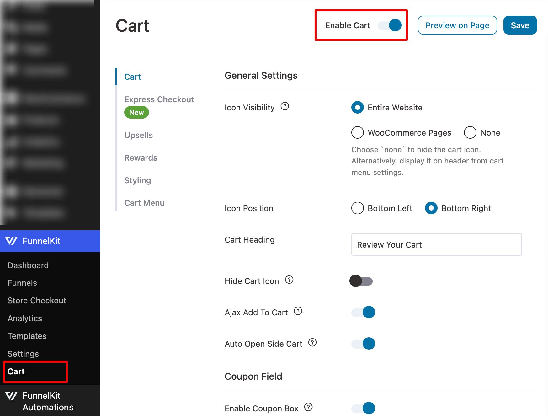 enable funnelkit slide cart