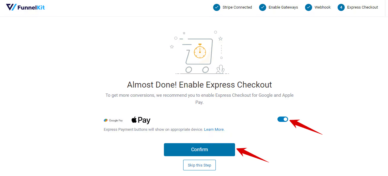 Once connected, go to the plugin settings and enable Google Pay and Apple Pay under the Express Checkout section. 