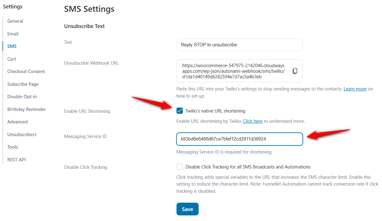 Enable twilio native url shortening