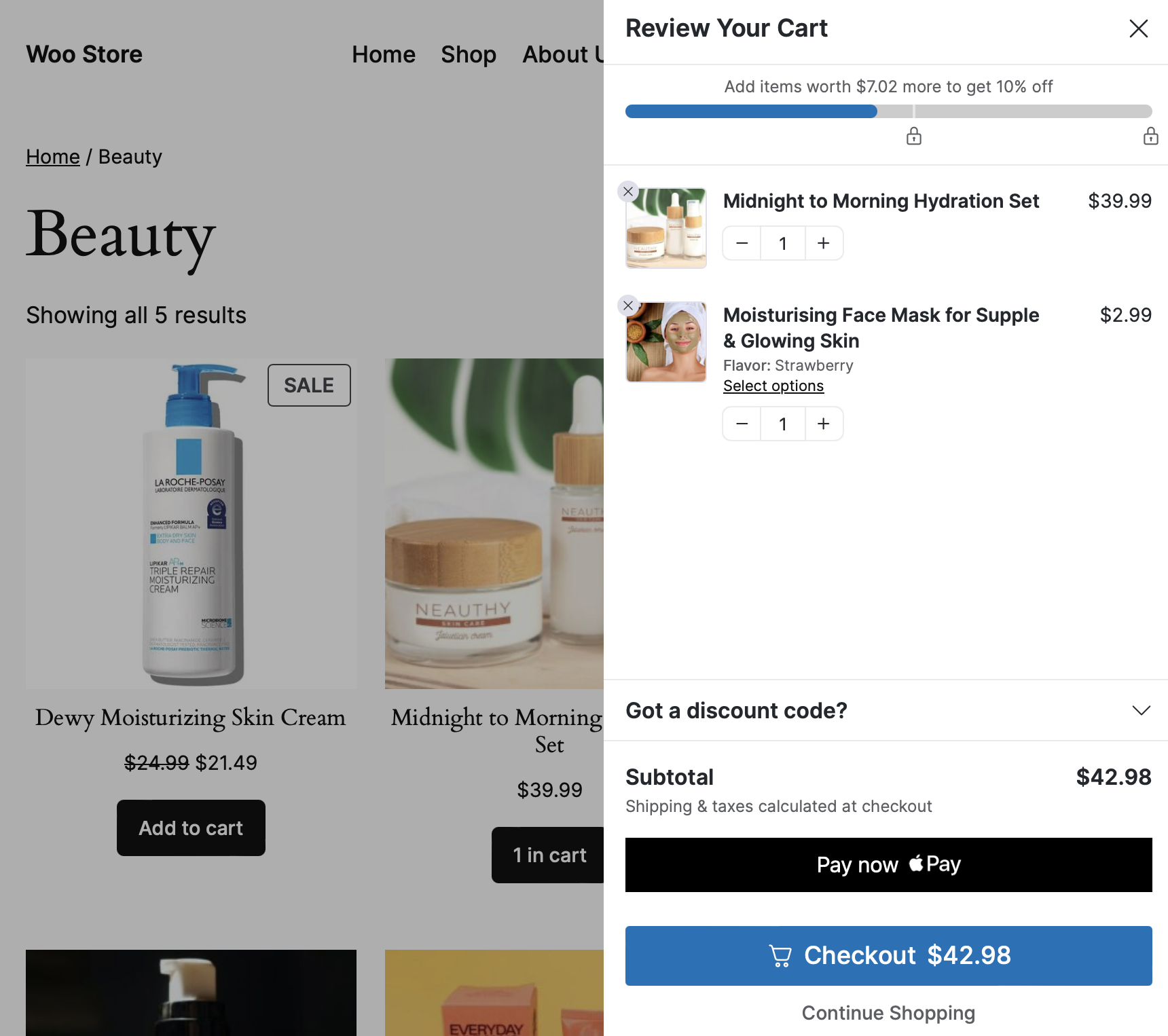 Express checkout inside the woocommerce shopping cart