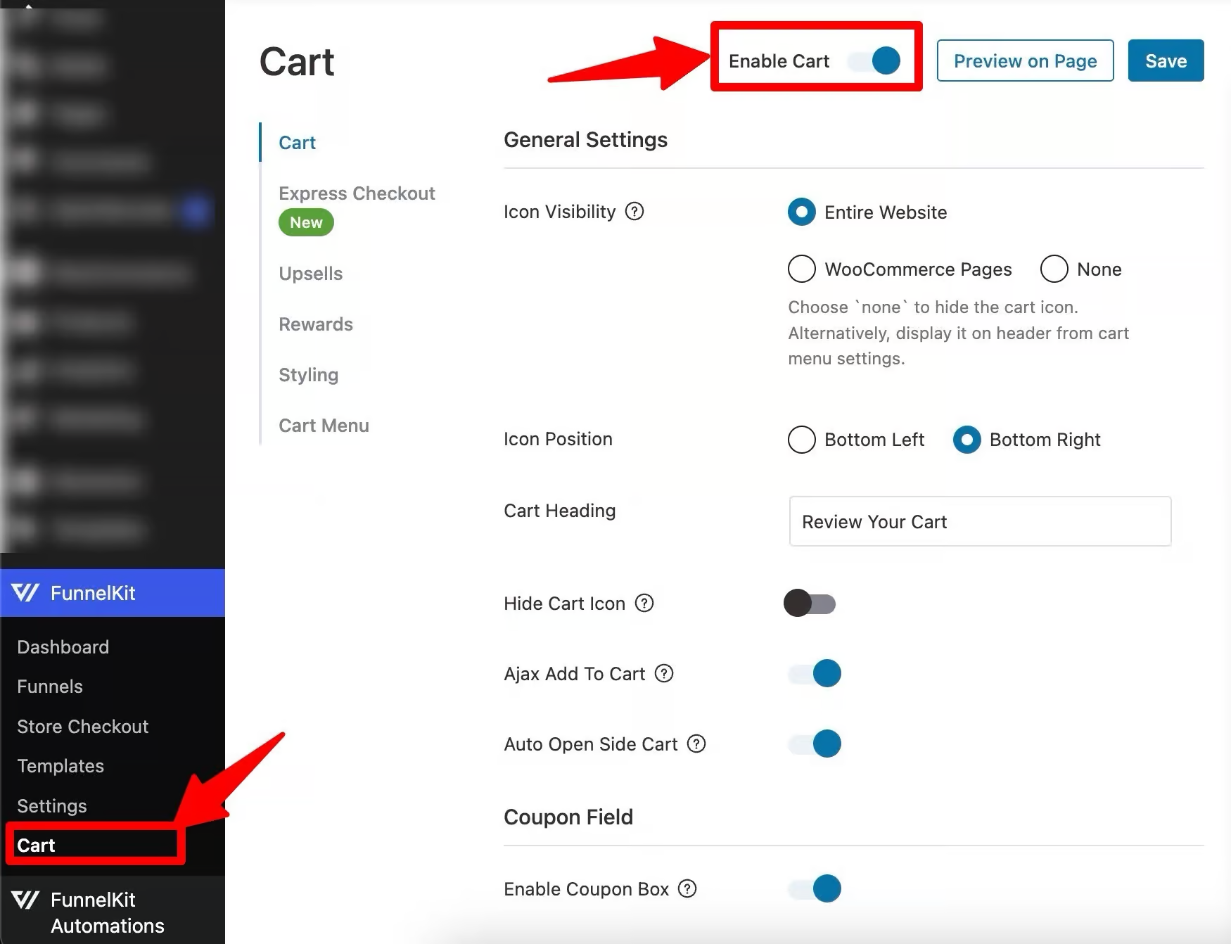 go to funnelkit cart and enable the sliding shopping cart