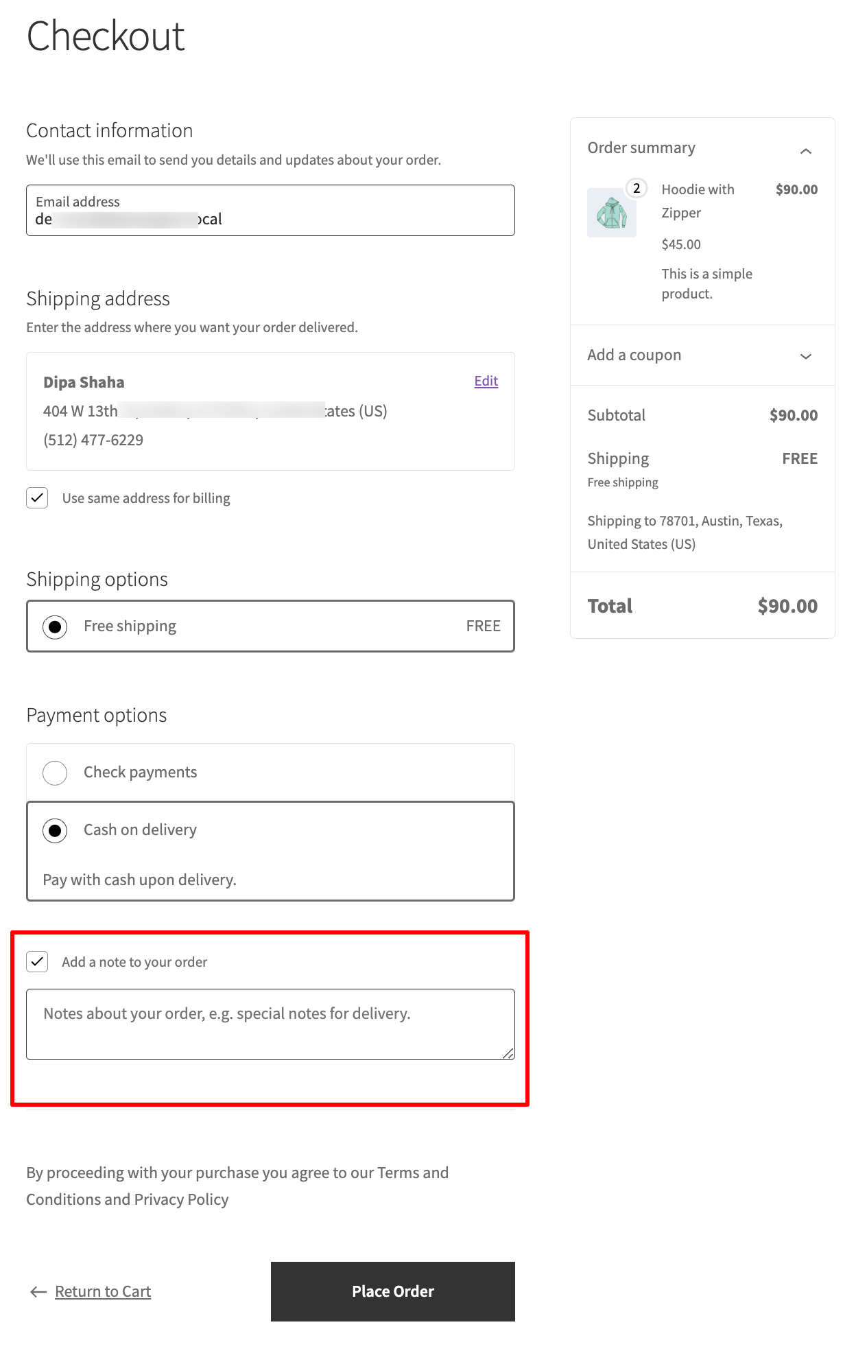 order note on WooCommerce checkout page