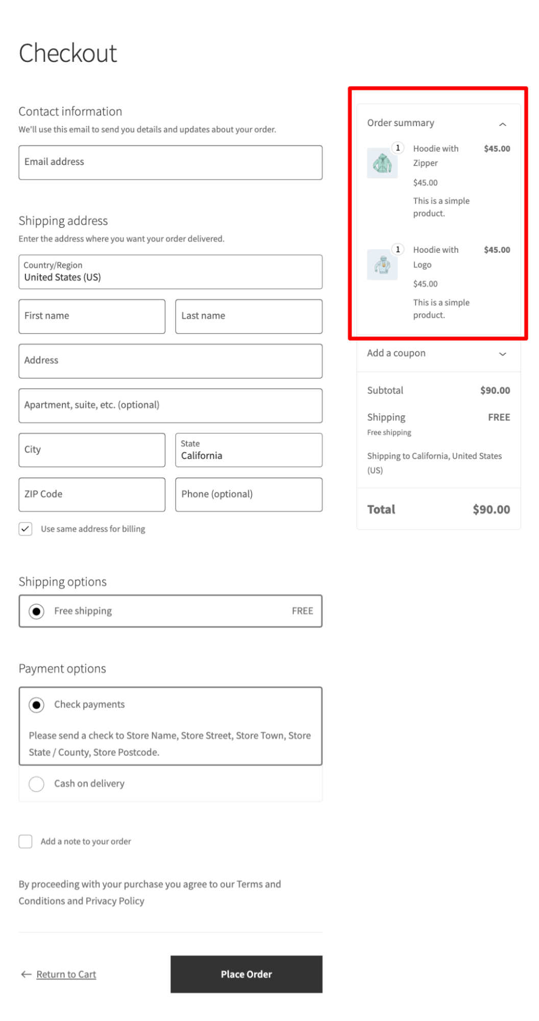 order summary on default WooCommerce checkout page