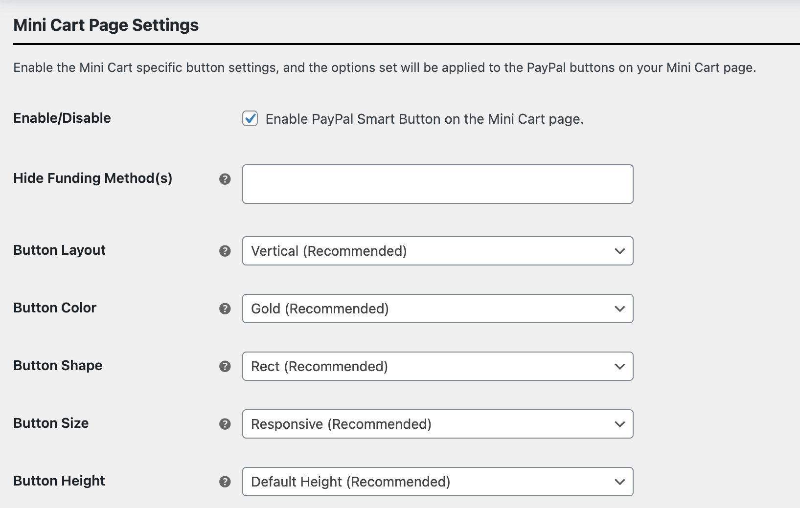 paypal mini cart settings