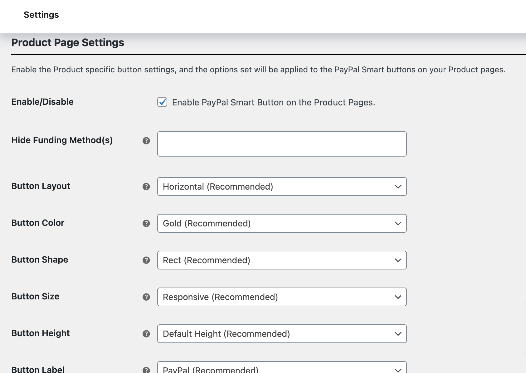 product page settings