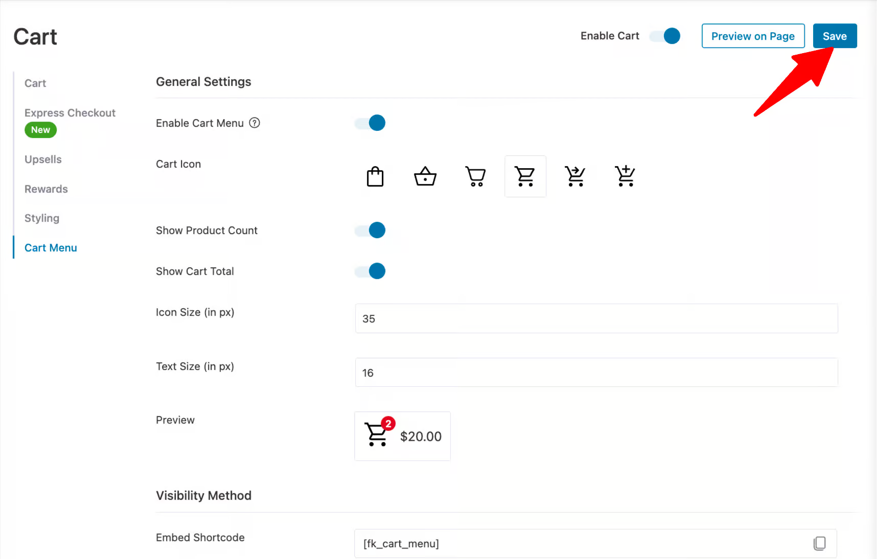 Finally, click on the ‘Save’ button to update the changes - WooCommerce add cart icon to menu