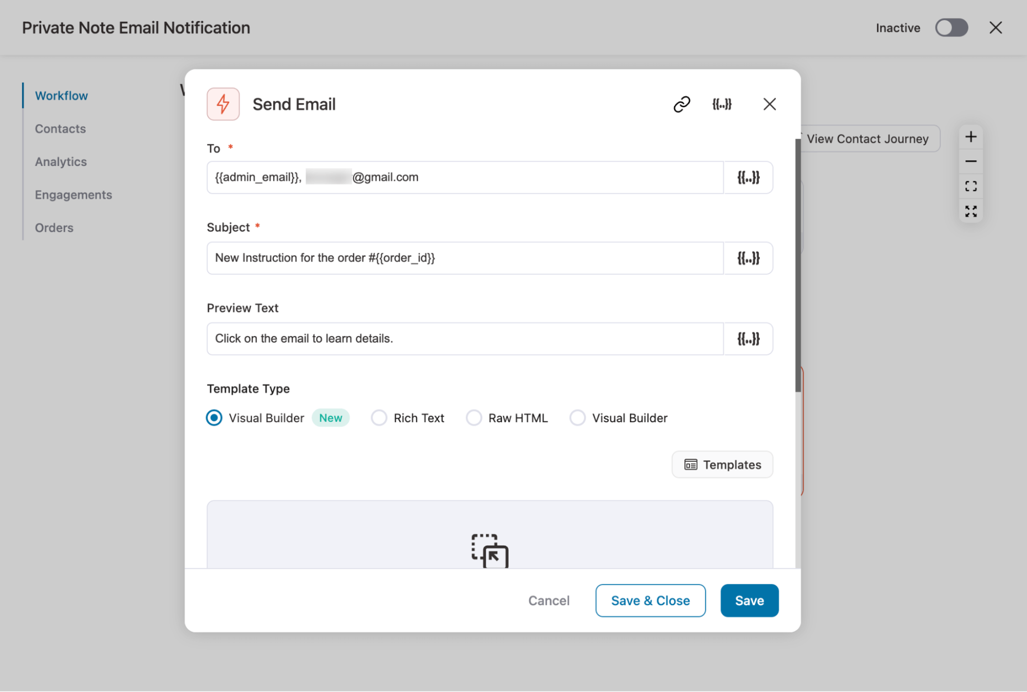 subject and preview for private note email