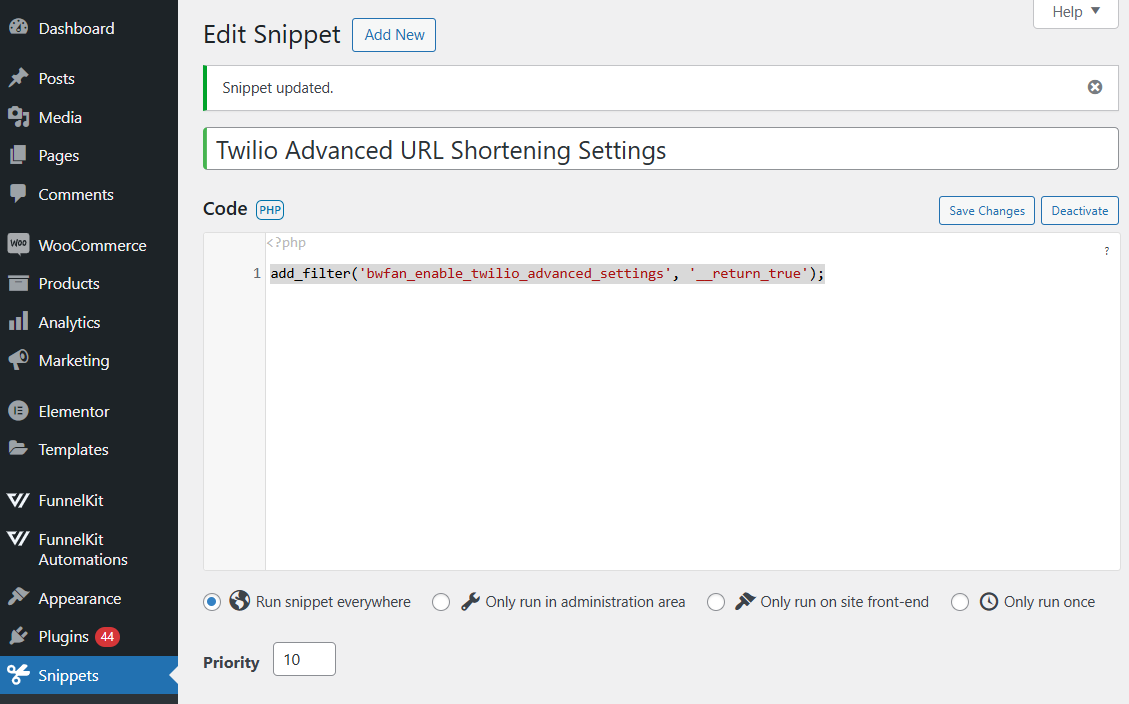 Add the following url shortening advanced settings