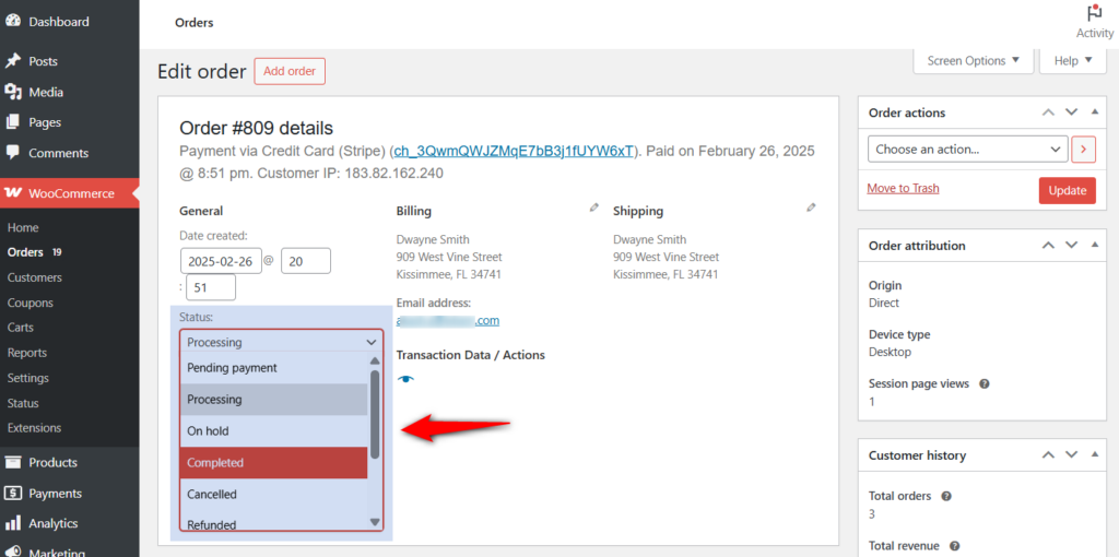 woocommerce order status page to update the status of an order manually
