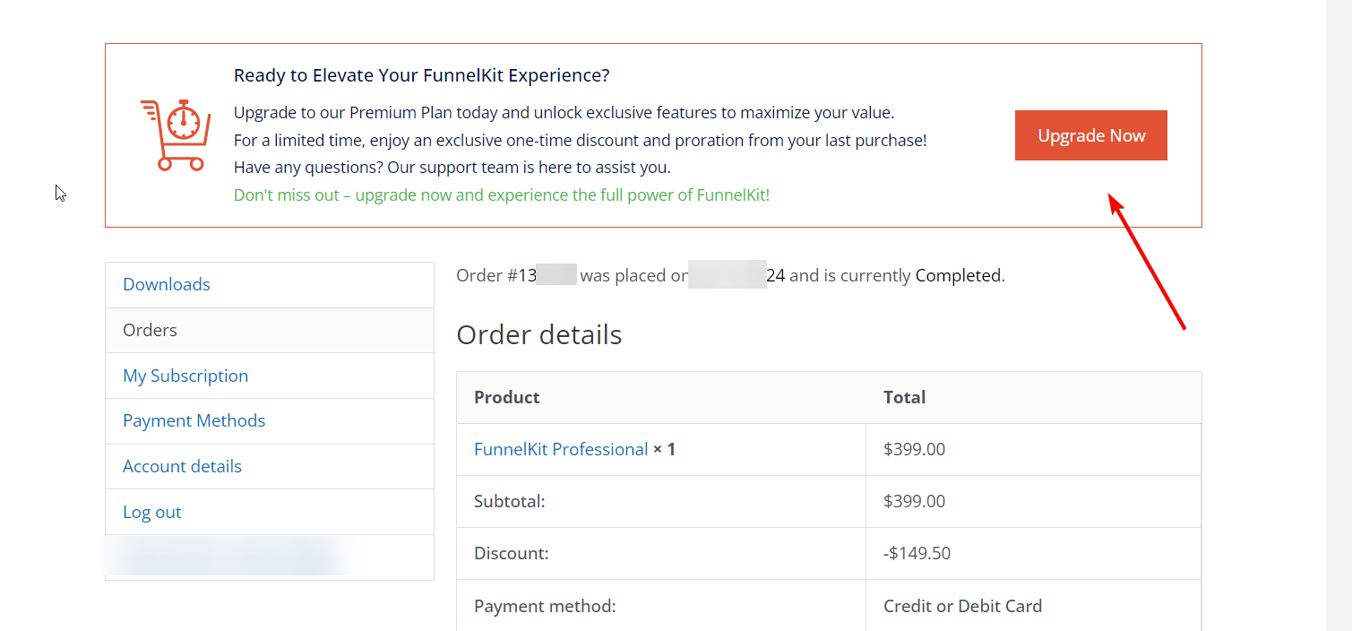 upgrade now button inside funnelkit account