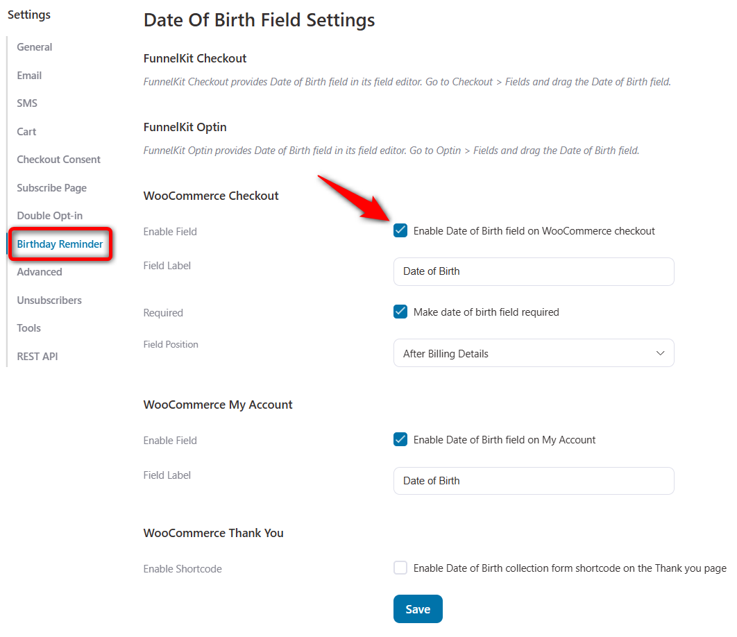 Date of birth settings to capture the DOB information