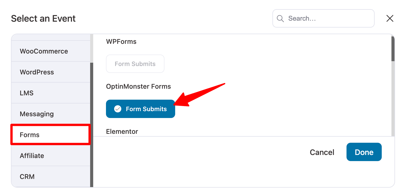 choose OptinMonster Form Submits