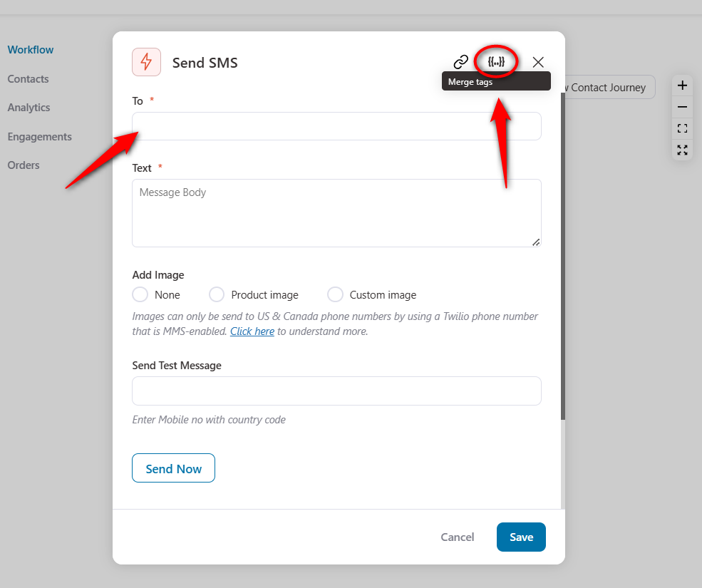 Click on merge tags to enter SMS content