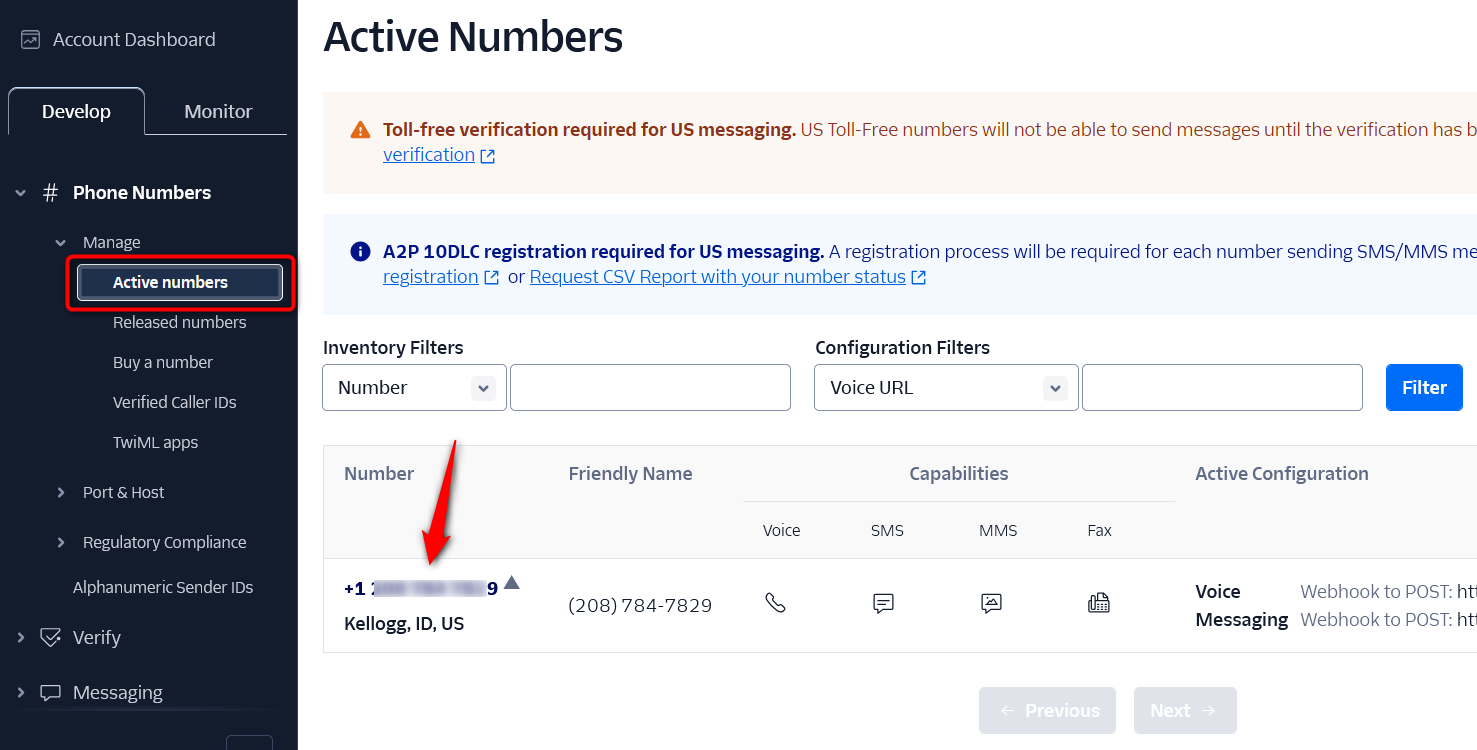 Click on the phone number under Phone numbers - manage - active numbers