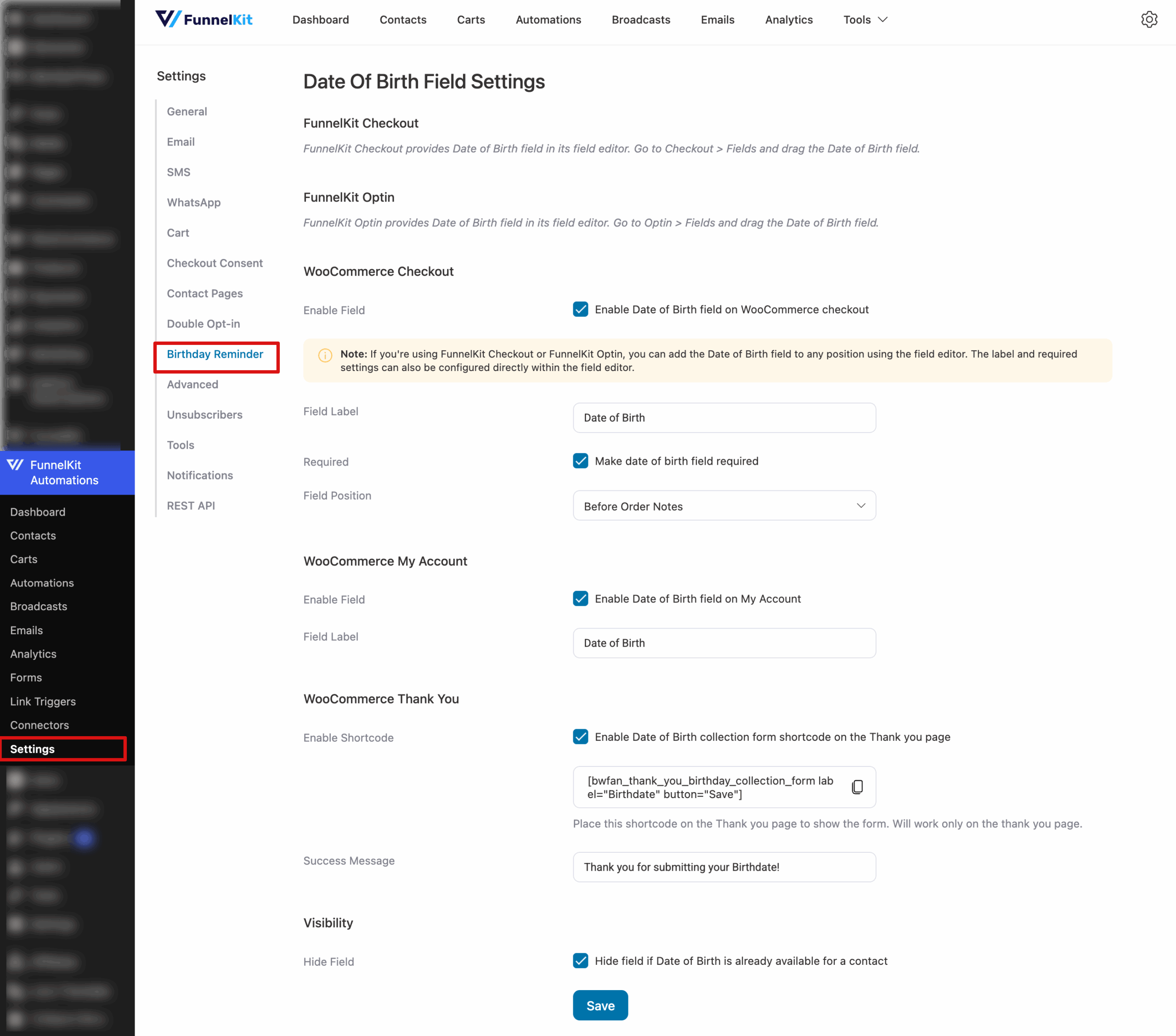 collect dob settings