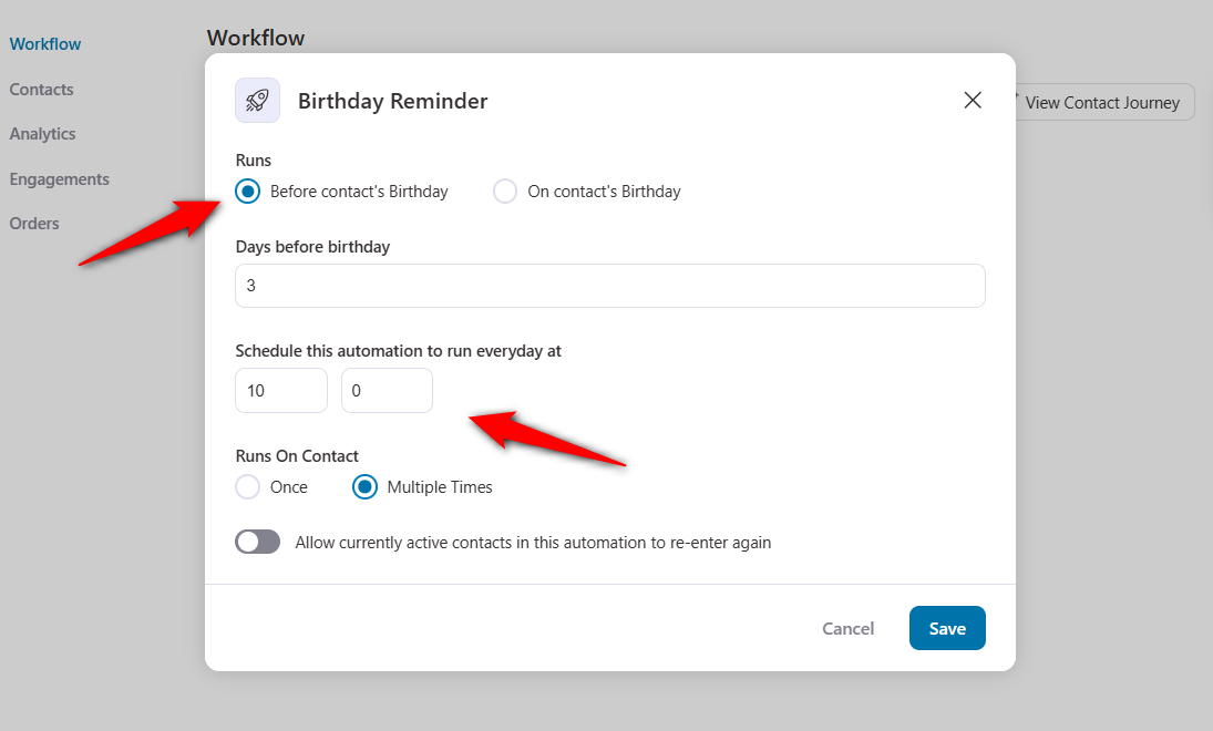 Configure the birthday reminder event - on or before contact's birthday