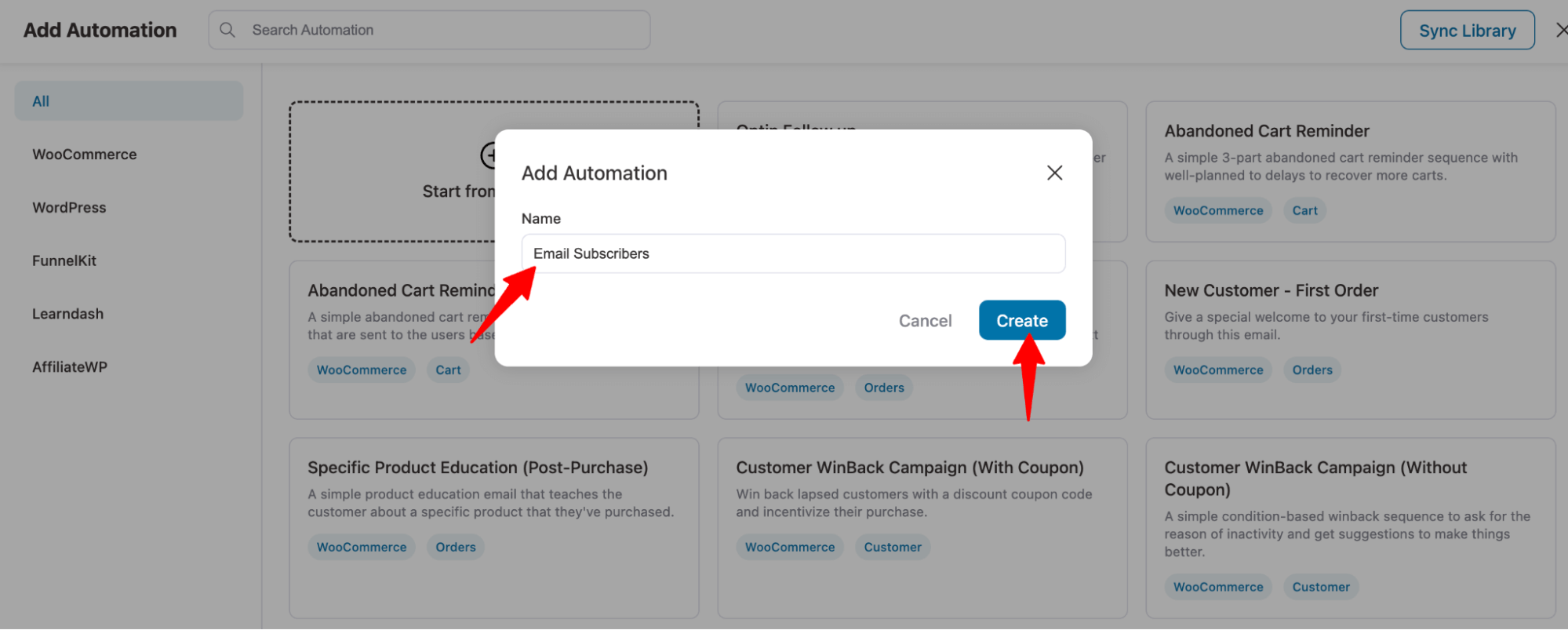 create blank automation for email subscribers