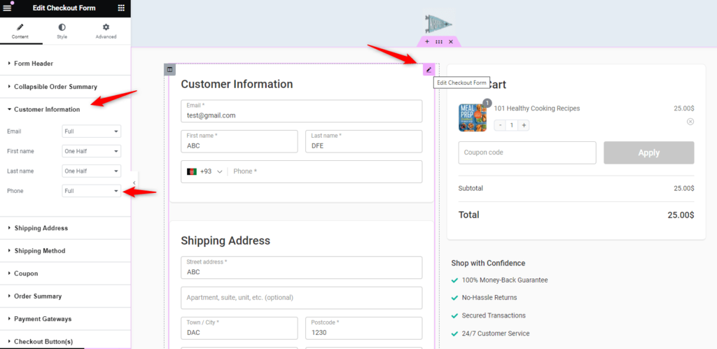 customize layout of customer information section