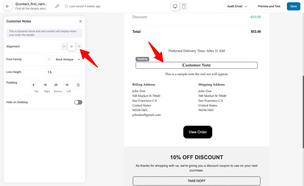 customize order note in email