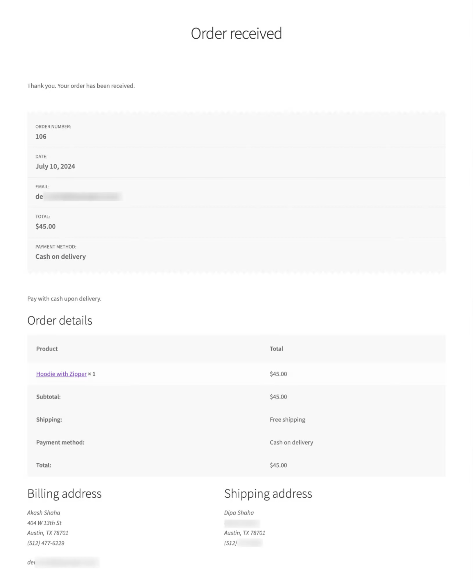 default order received page WooCommerce