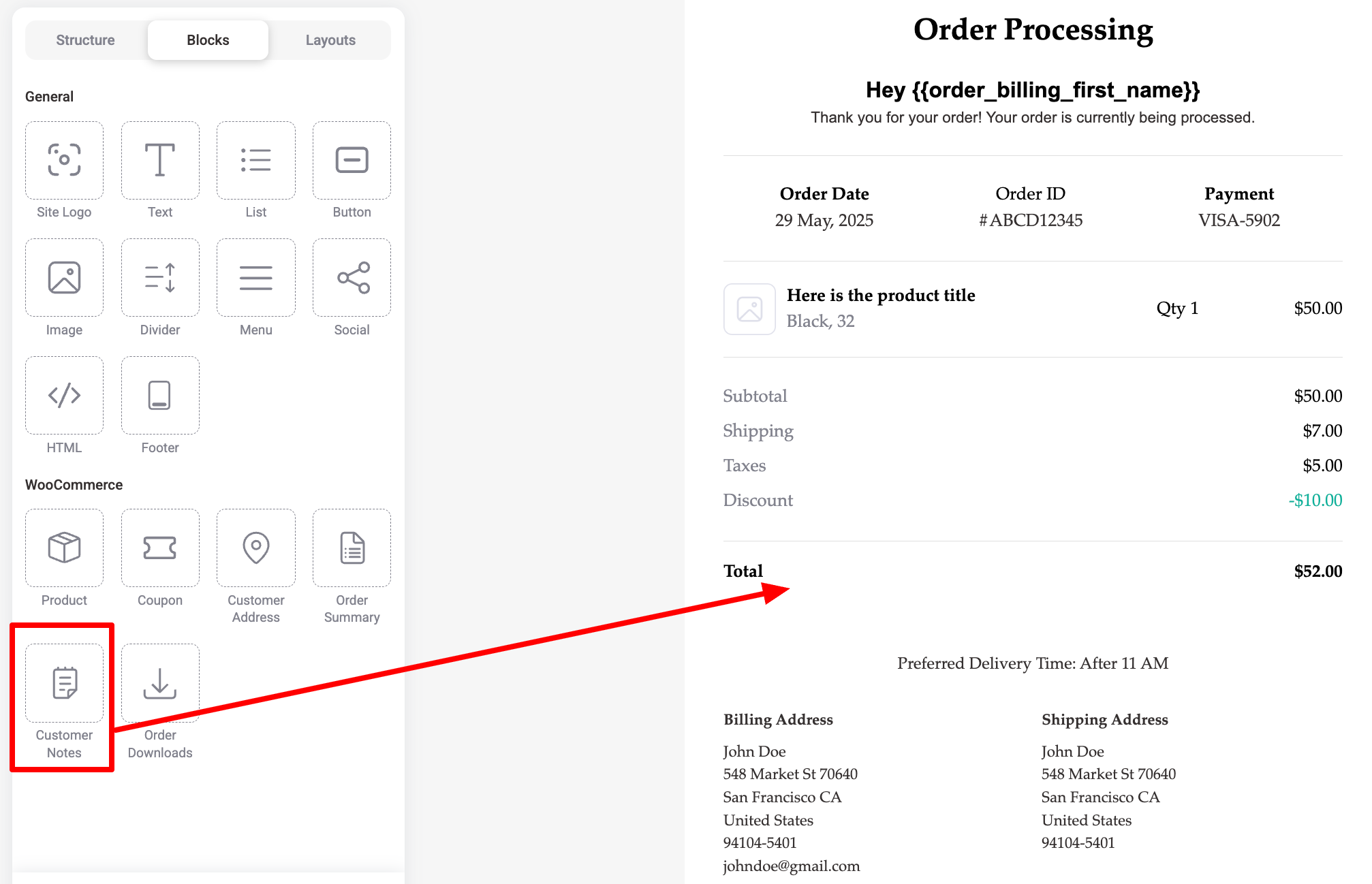 drag and drop customer note block