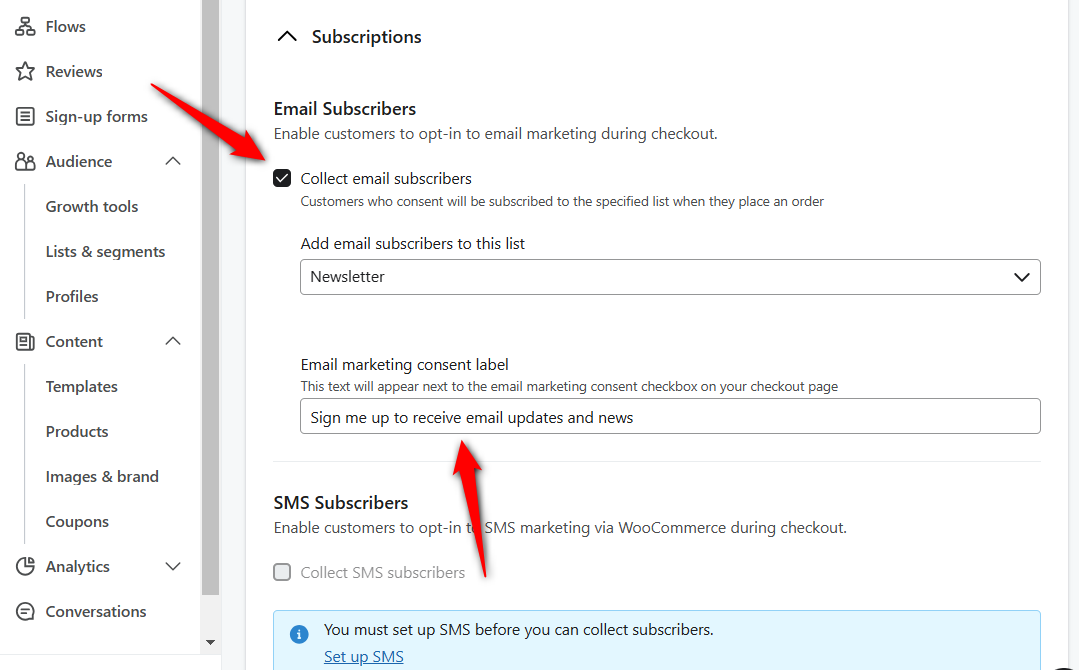 collect email subscribers and consent label