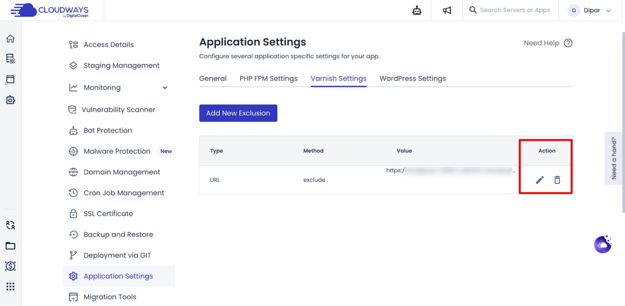 exit or delete page exclusion from cache cloudways