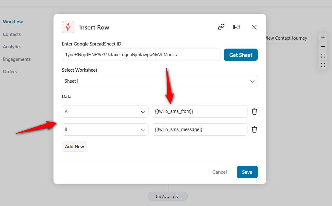 Paste the twilio message data