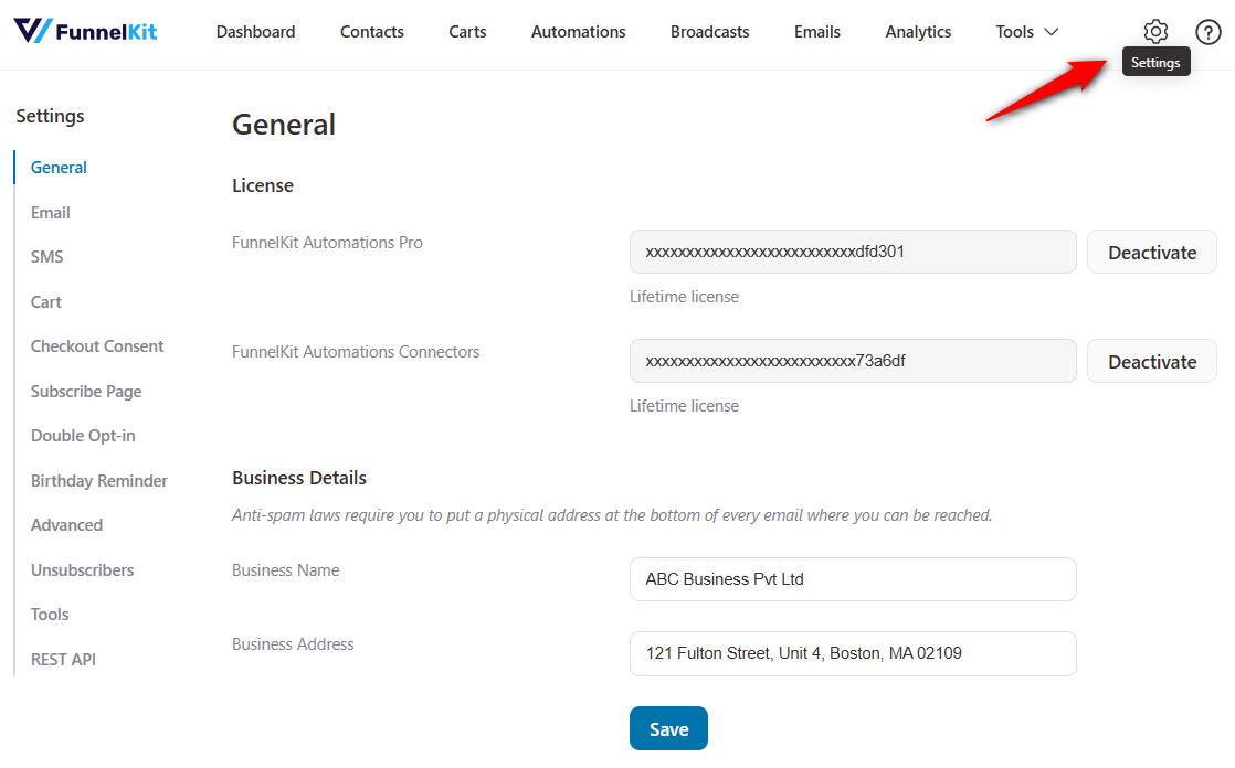 FunnelKit Automations - settings section