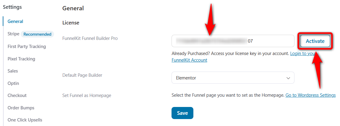 Paste the Funnel Builder Pro license and hit Activate