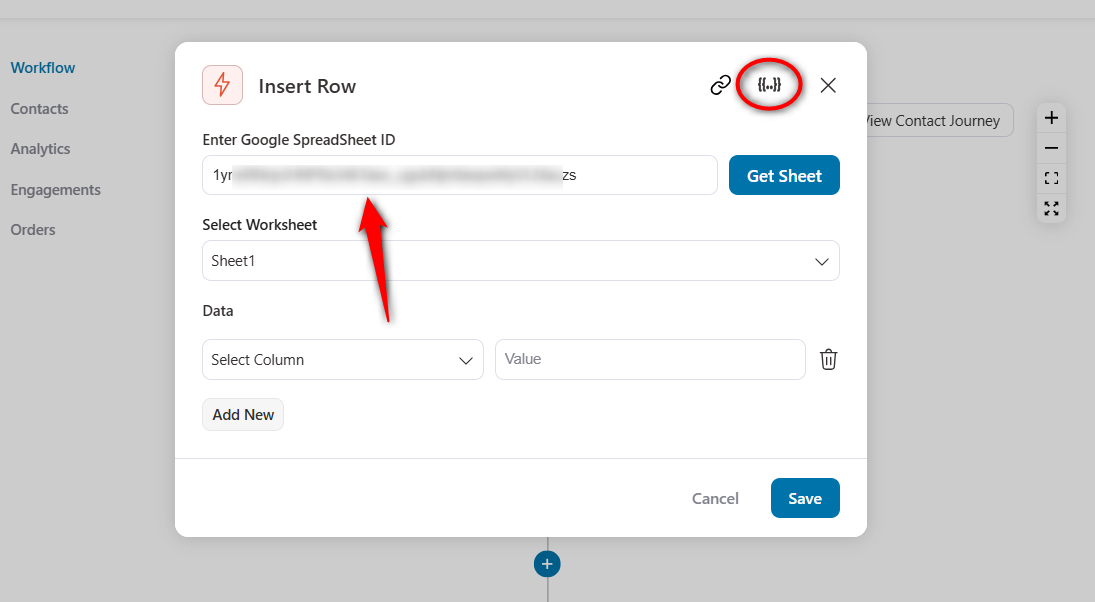 Enter google spreadsheet ID and click on merge tags