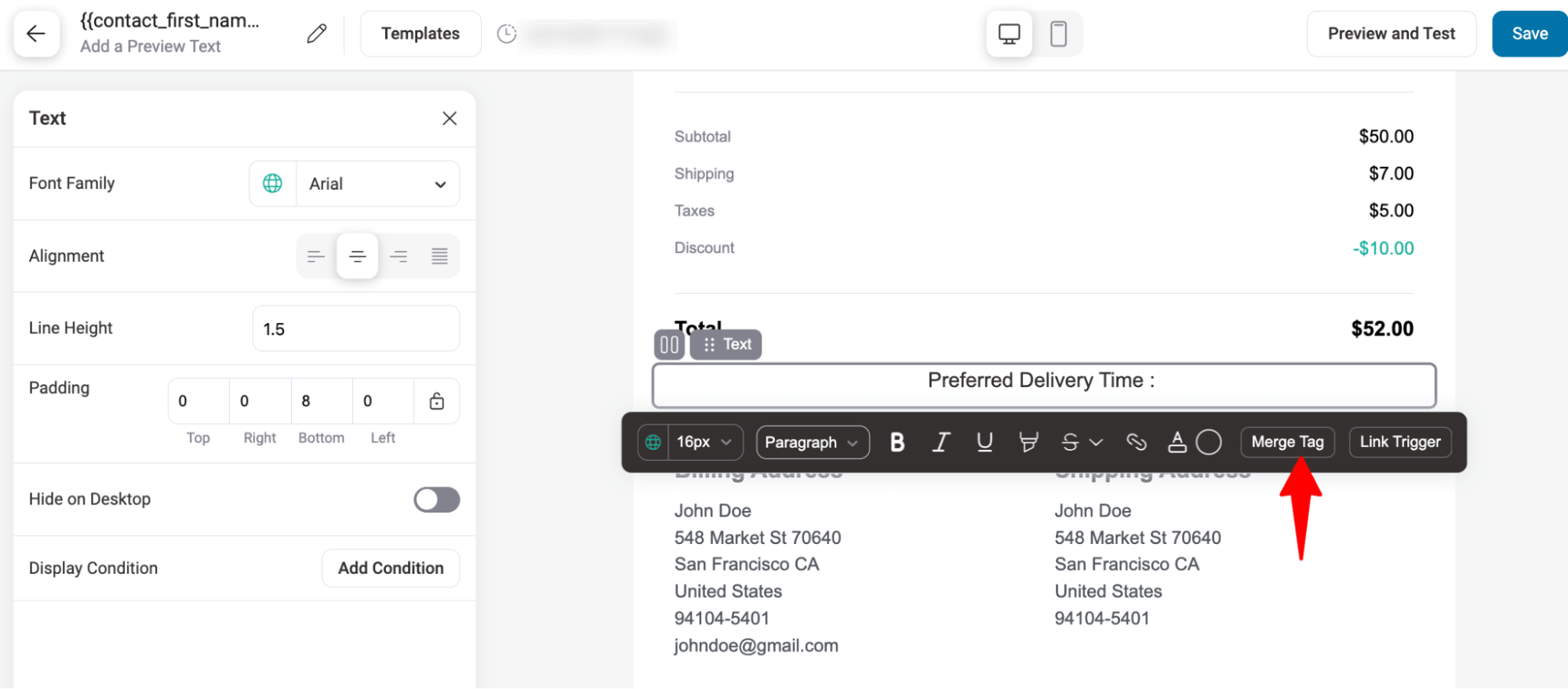 hit merge tag to add preffered delivery time