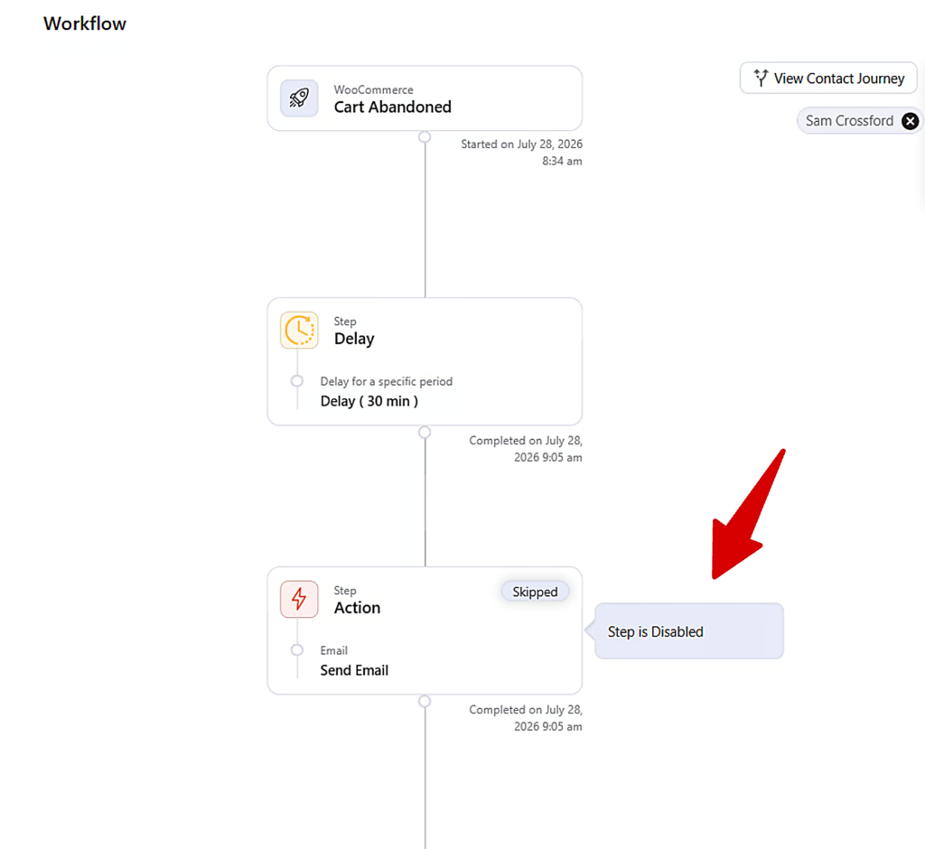 Disabled automation step skipped while the workflow continues