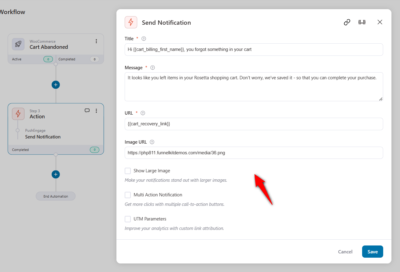 Abandoned cart recovery workflow with funnelkit automations and pushengage