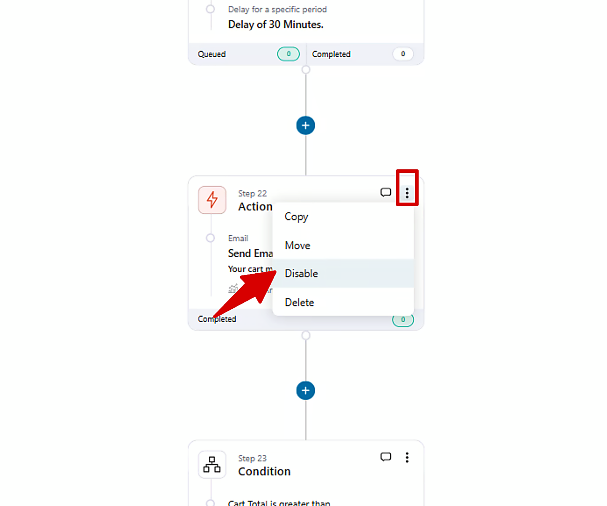 Three-dot menu with the Disable Step option in the automation builder