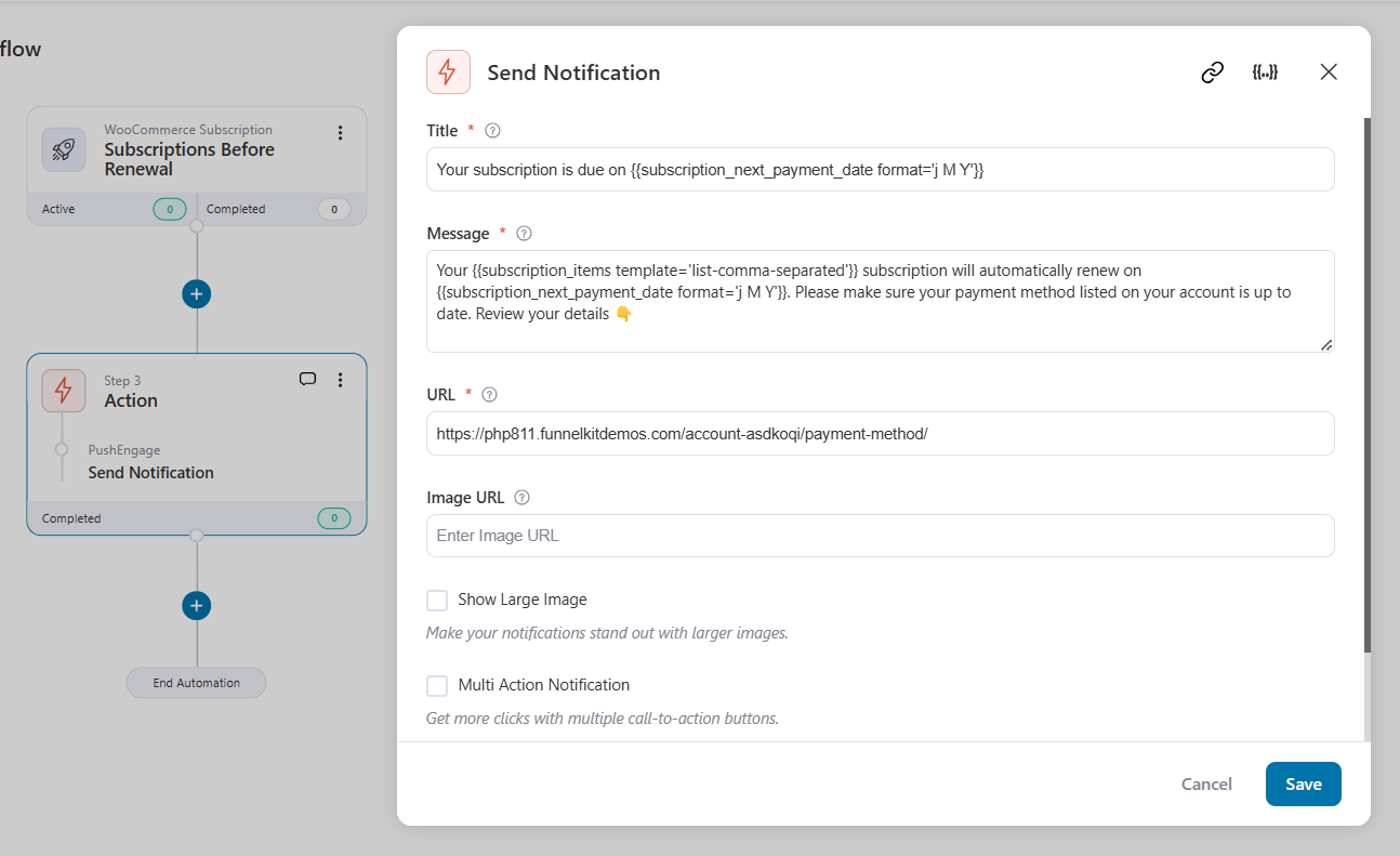 Subscription reminder notifications with funnelkit automations and pushengage