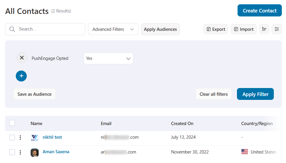 pushengage contacts opted in filter