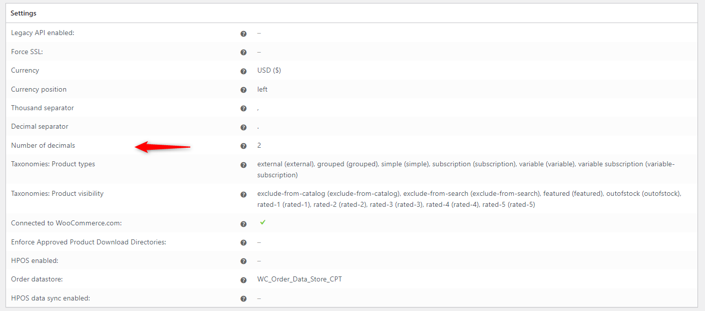 General settings of WooCommerce status report