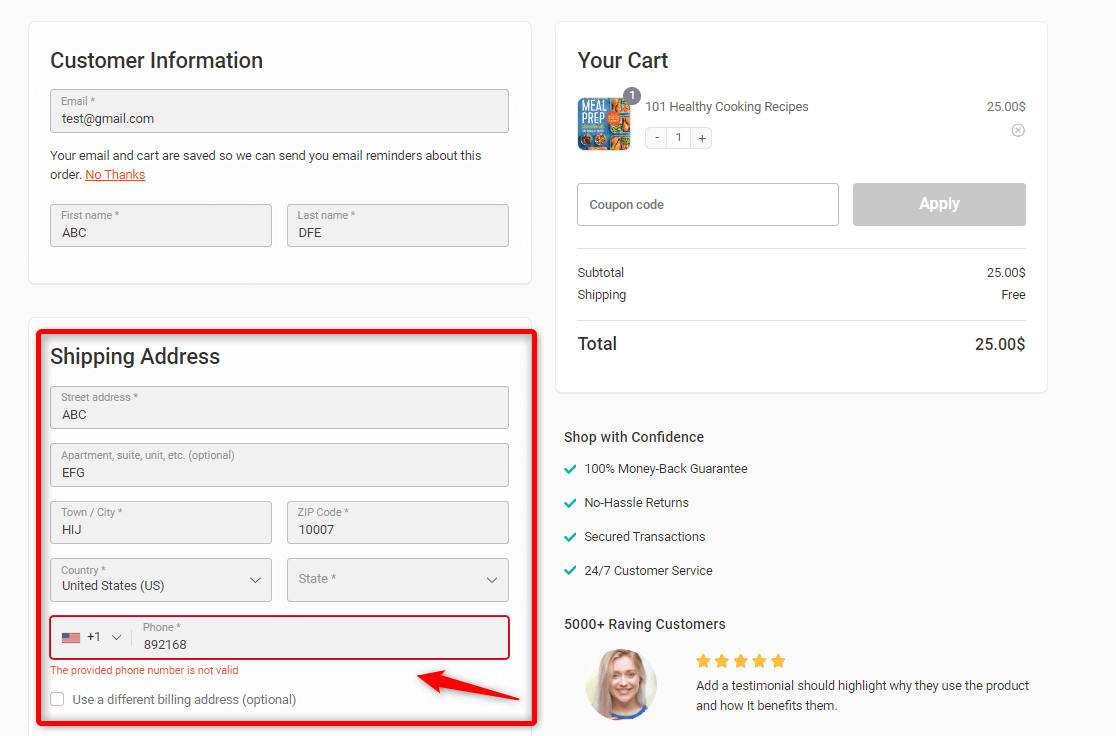 On the checkout page, you can see the phone field under the shipping address section. 