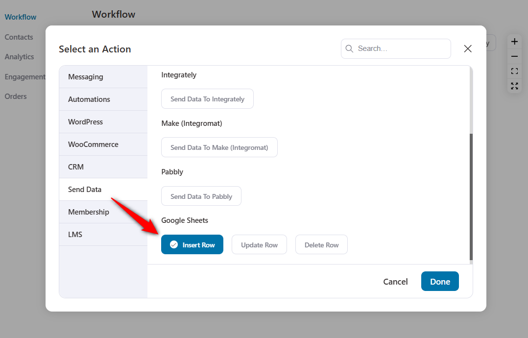 Insert row action under google sheets