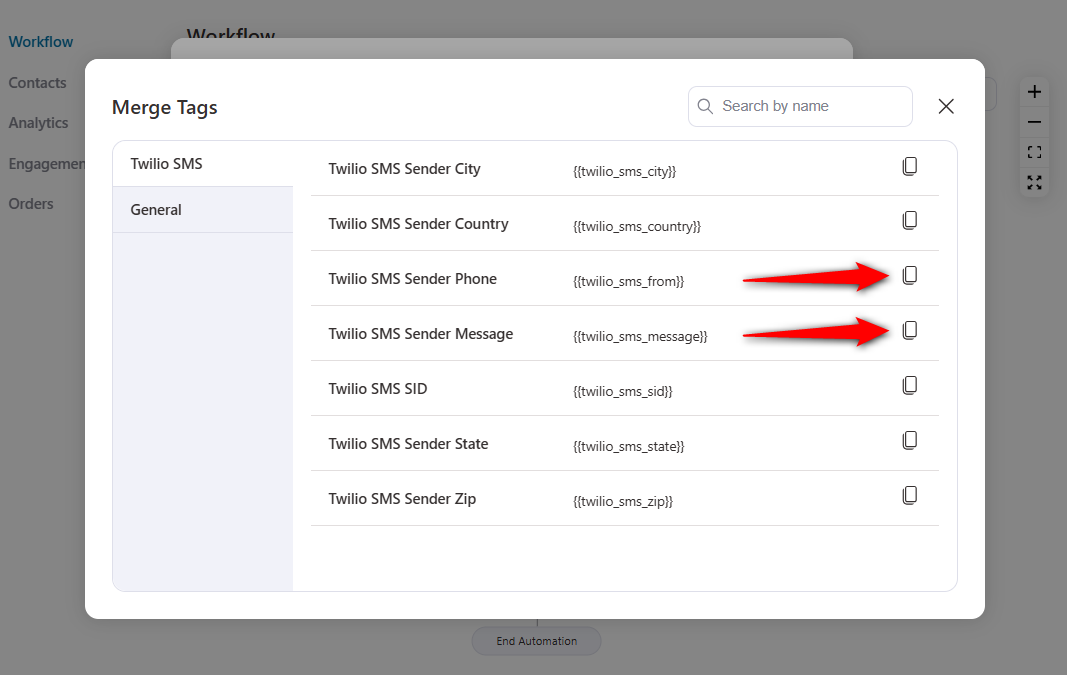 Copy the twilio sms sender phone and message merge tag