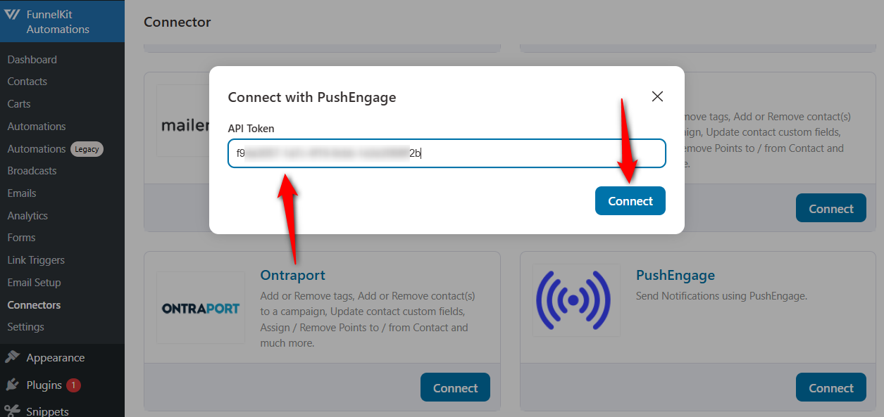 paste the pushengage api token and click on connect