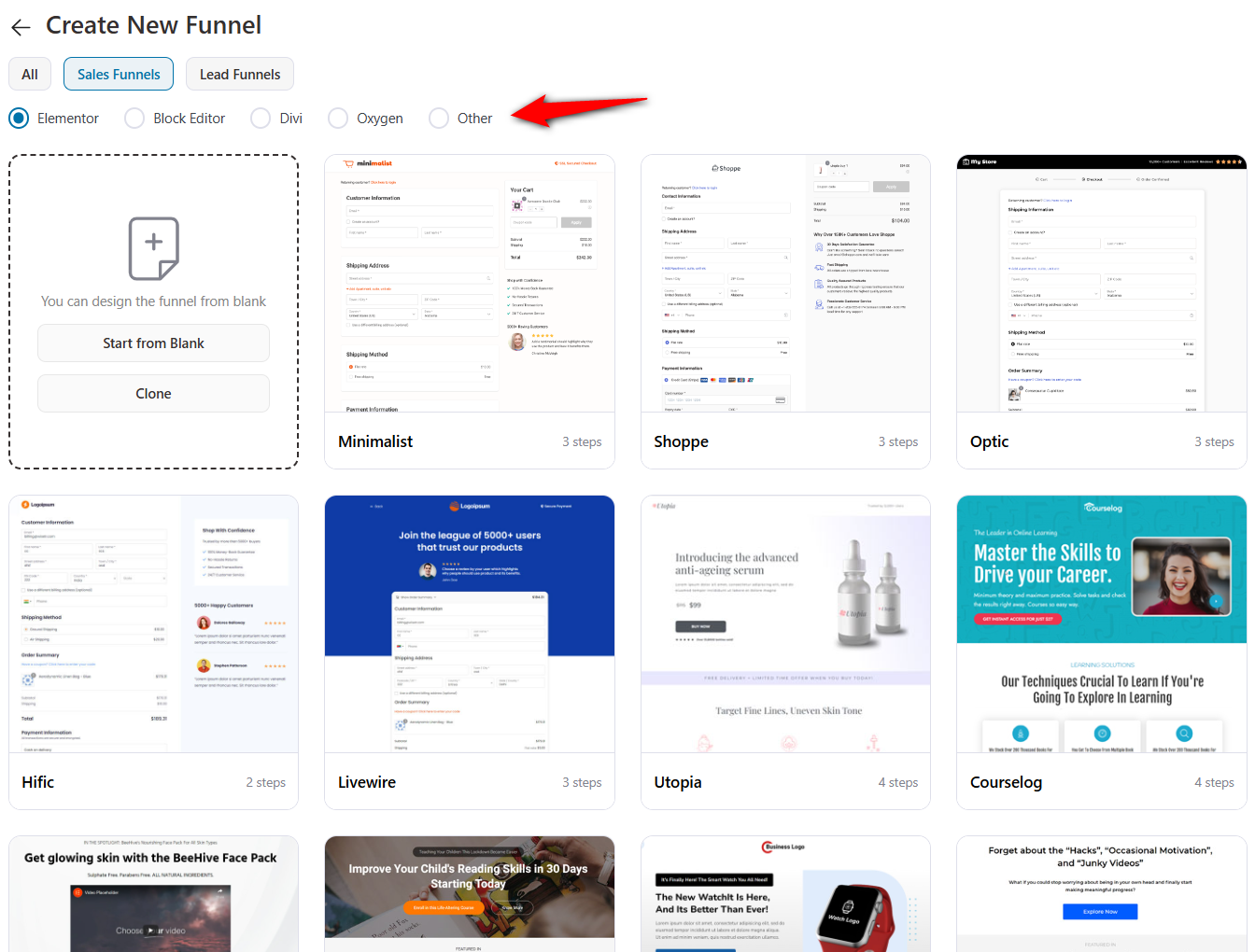 Select the sales funnel template