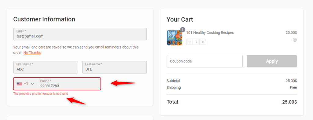 required phone field on checkout with custom design and place