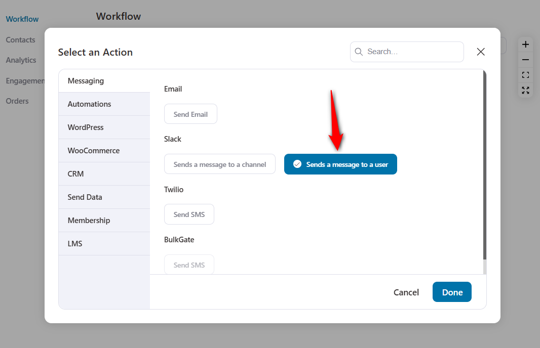 Send slack message to a user action