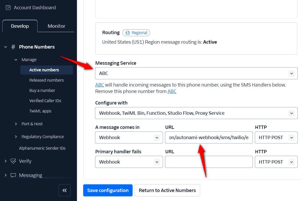 Paste the twilio webhook